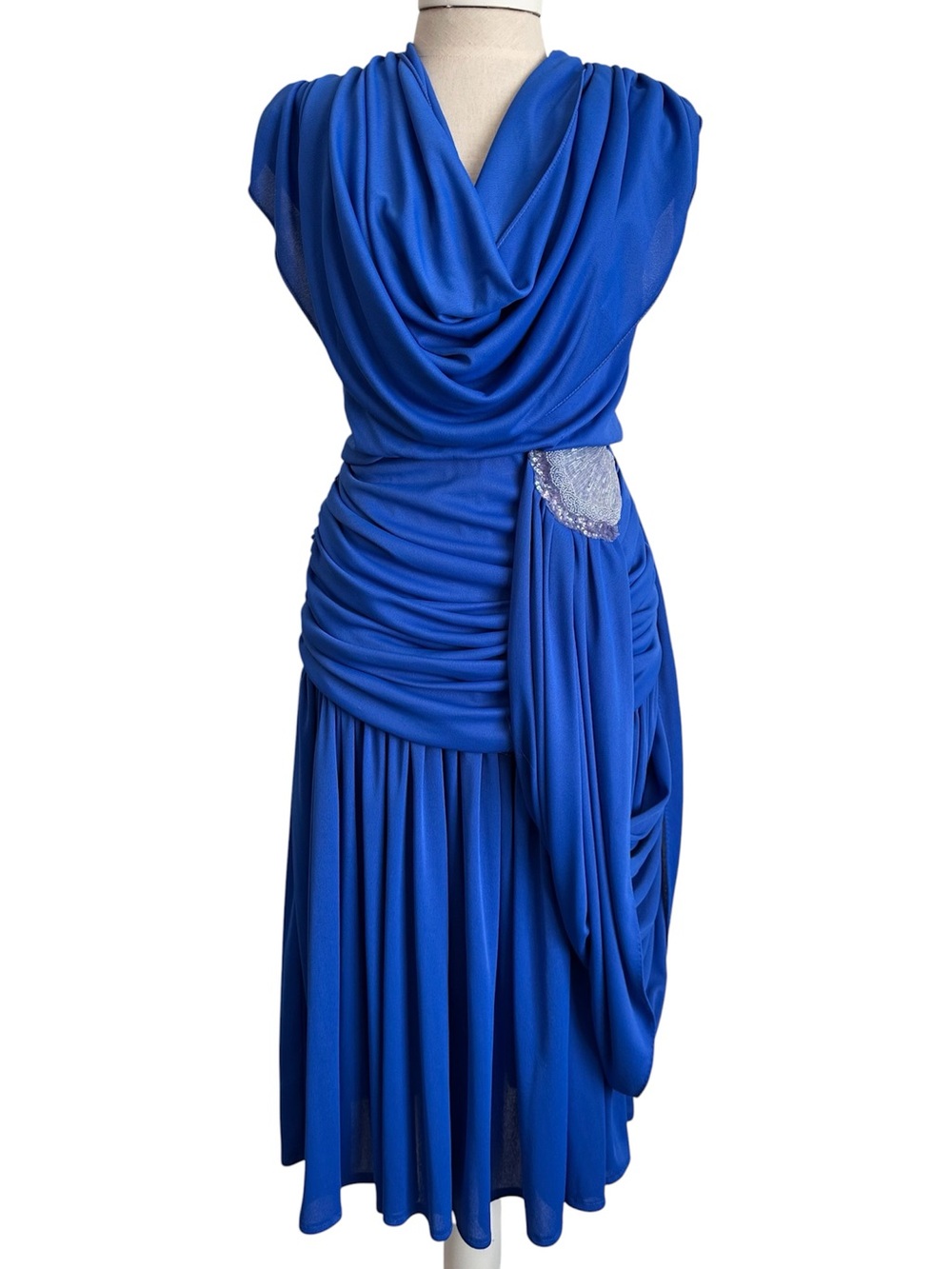 Vintage 80s Blue Disco Draped Dress With Shell Beading Small